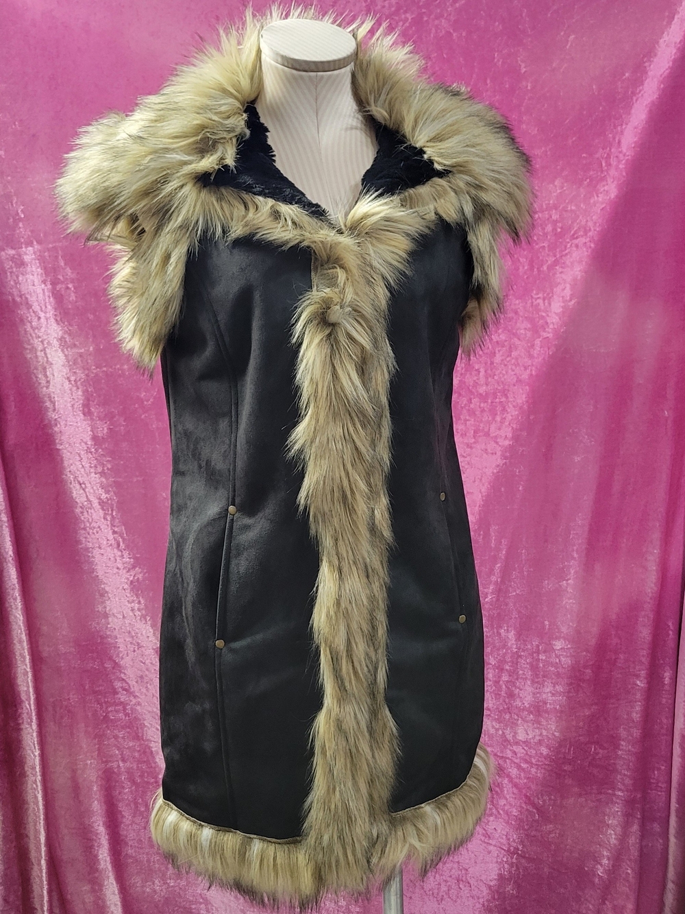 Tasha Polizzi Faux Suede & Fur Trim Collar Vest Black Luxe Soft Plush
